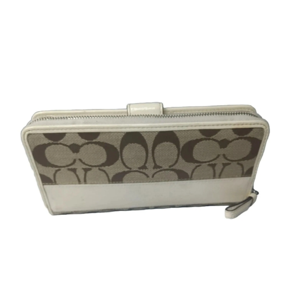 Coach Signature Stripe Checkbook Wallet Khaki~Brown~Cream Full Size - Picture 2 of 9